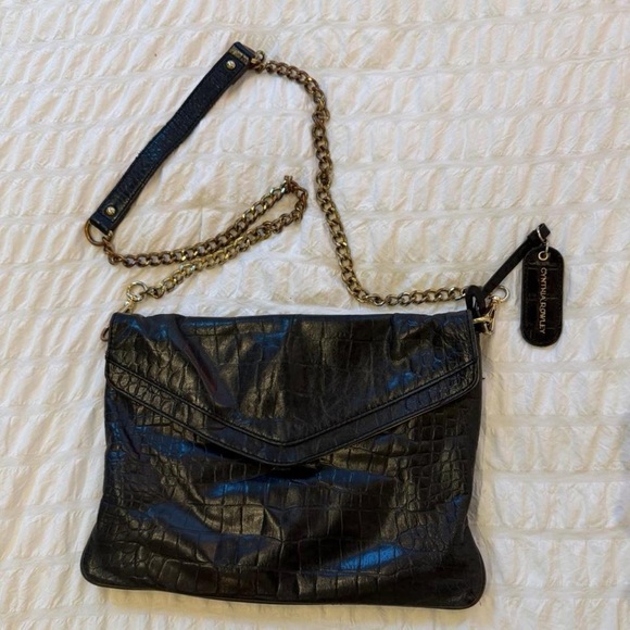 Cynthia Rowley Black Croc-Embossed Shoulder Bag